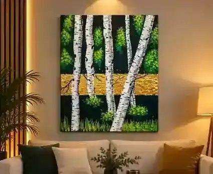 Birch Forest painting displayed on a matching interior wall