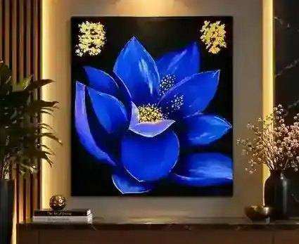 Blue Lotus painting displayed in a matching blue, black and gold modern interior