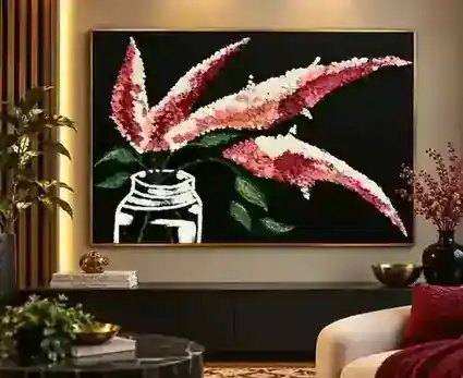 Blush Lilies painting displayed in a matching black, blush, burgundy, green and gold modern interior