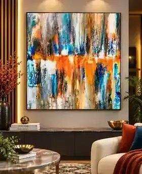 Colorful Texture painting displayed in a matching orange, blue, teal and neutral modern interior