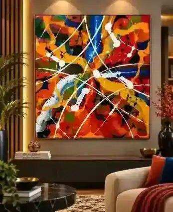 Colour Burst painting displayed in a matching colorful modern interior