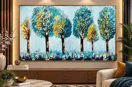 Colour Garden painting displayed in a matching teal, blue and gold modern interior