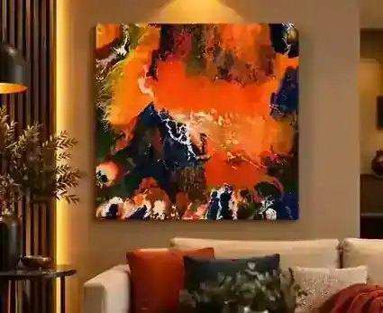 Firestorm painting displayed in a matching orange and navy modern interior