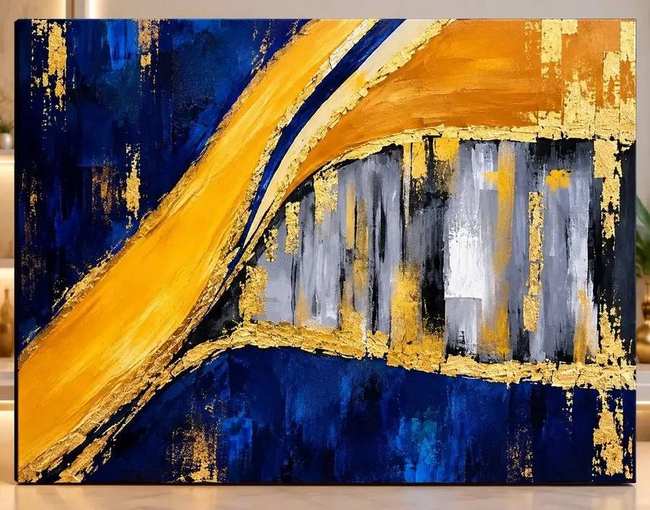 Golden Avenue handmade blue, gold and navy modern abstract canvas painting