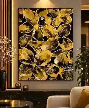 Golden Blossoms painting displayed in a matching black, gold and olive luxury interior