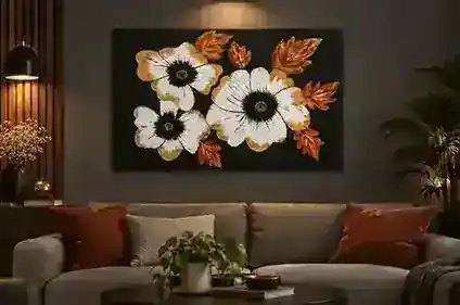 Golden Floral handmade flower painting in black, white and warm gold tones