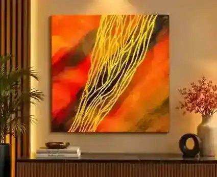 Golden Flow painting displayed in a matching warm orange and gold modern interior
