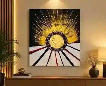 Golden Sun painting displayed on a matching modern interior wall