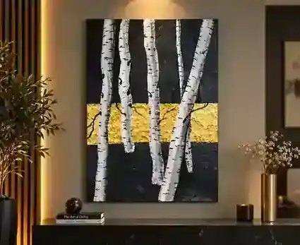 Midnight Birch painting displayed on a dark gold matching interior wall