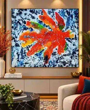 Orange Bloom painting displayed in a matching orange, blue and neutral modern interior