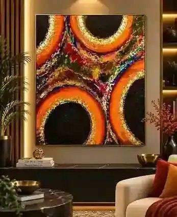 Orange Orbit painting displayed in a matching orange, black and gold modern interior