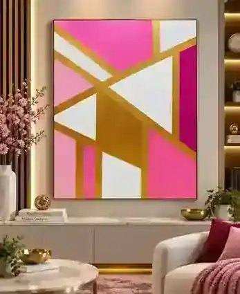 Pink & Gold geometric painting displayed in a matching pink, white and gold modern interior