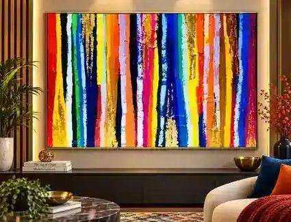Rainbow Stripes painting displayed in a matching colorful modern interior