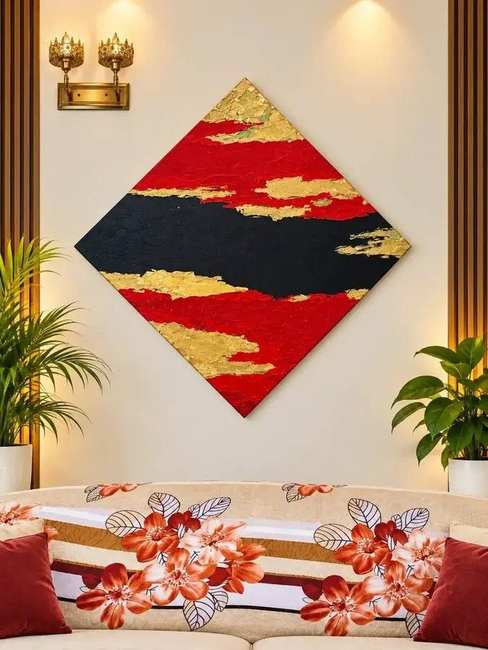 Red Gold Abstract handmade textured painting with red black and gold wall art in Pakistan