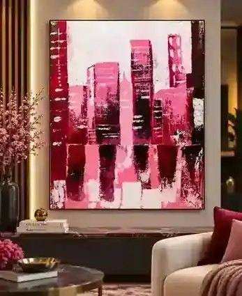 Rose City painting displayed in a matching pink, burgundy and neutral modern interior