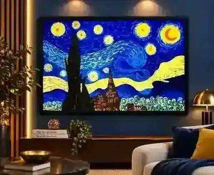 Starry Night copy painting displayed in a matching deep-blue and warm modern interior